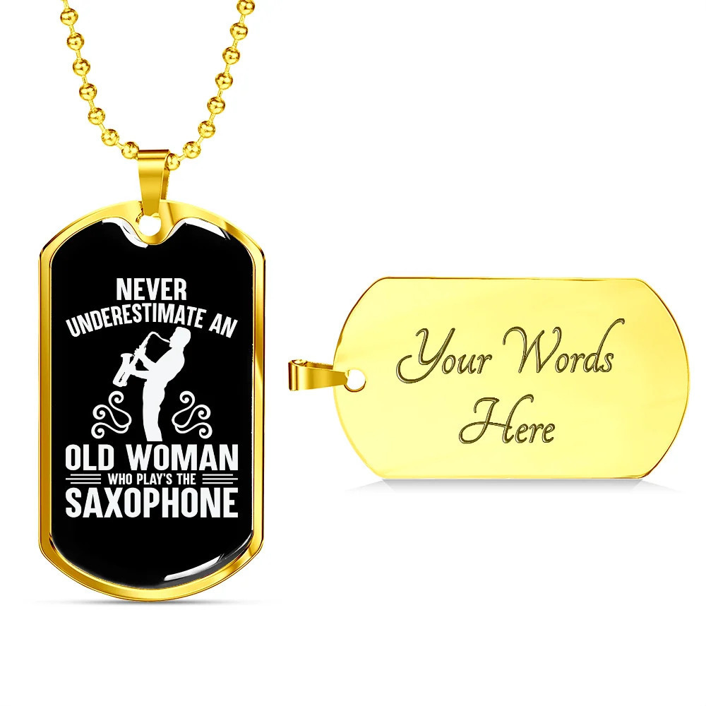 Musician Necklace Old Man Saxophone Personalized Engraved Gold Dog Tag Necklace